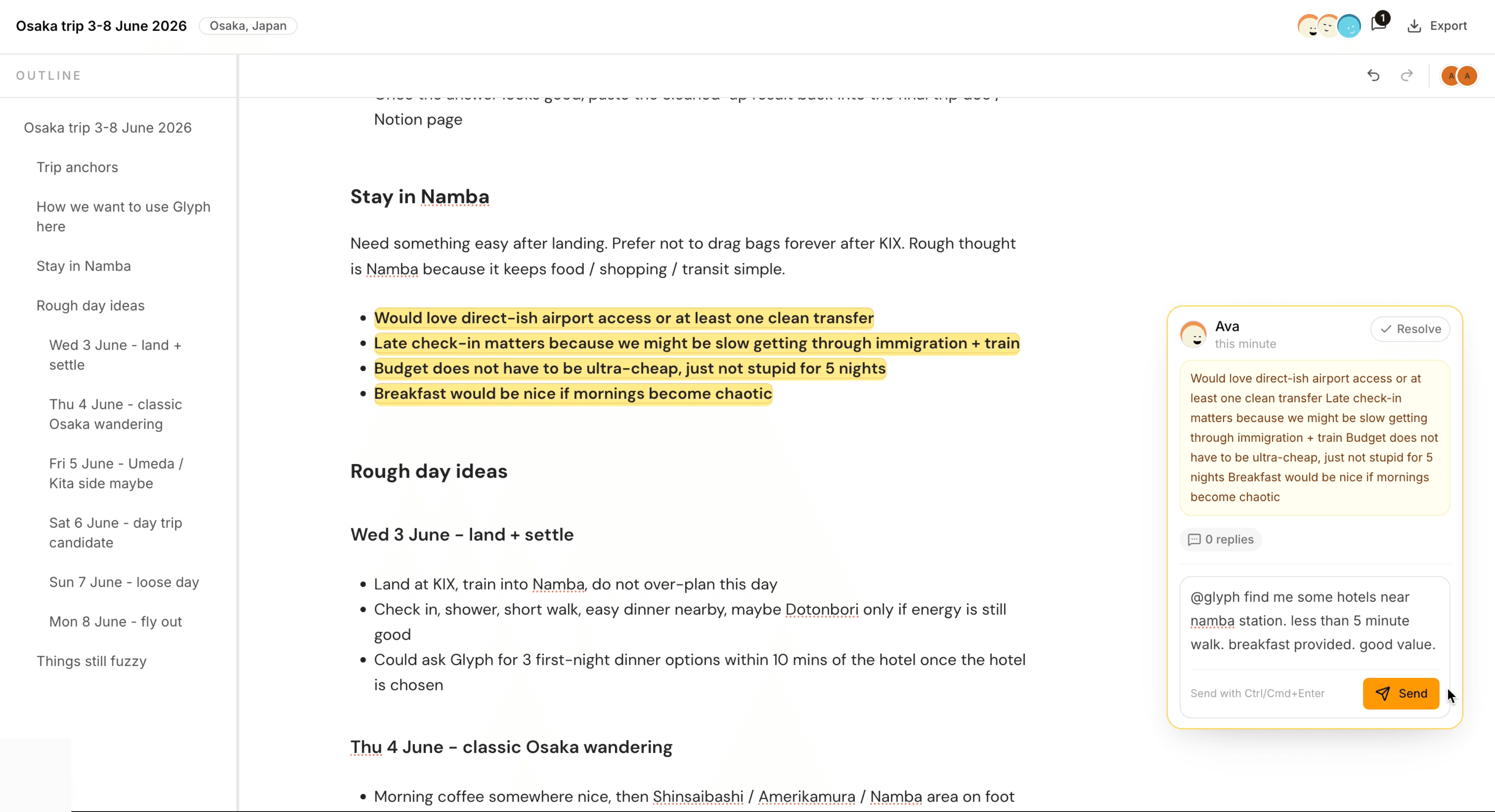 Glyph's collaborative trip editor with a highlighted hotel-planning section and a comment asking the agent to research options