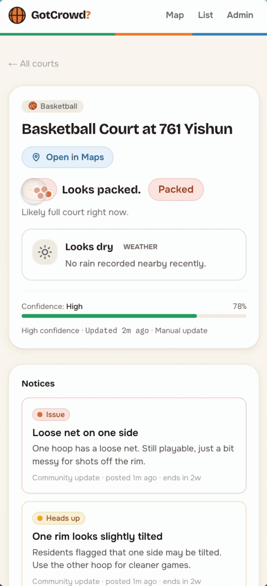 GotCrowd court page with activity, weather, and facility information