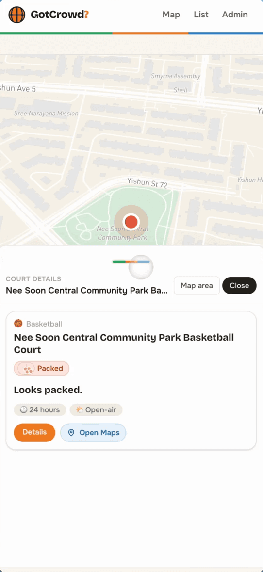 GotCrowd map showing a neighbourhood basketball court and its activity status